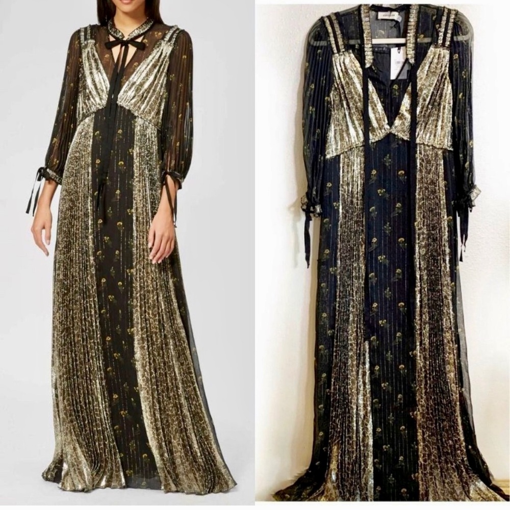 Beautiful COACH 1941 Long Pleated black & gold Metallic Maxi dress
